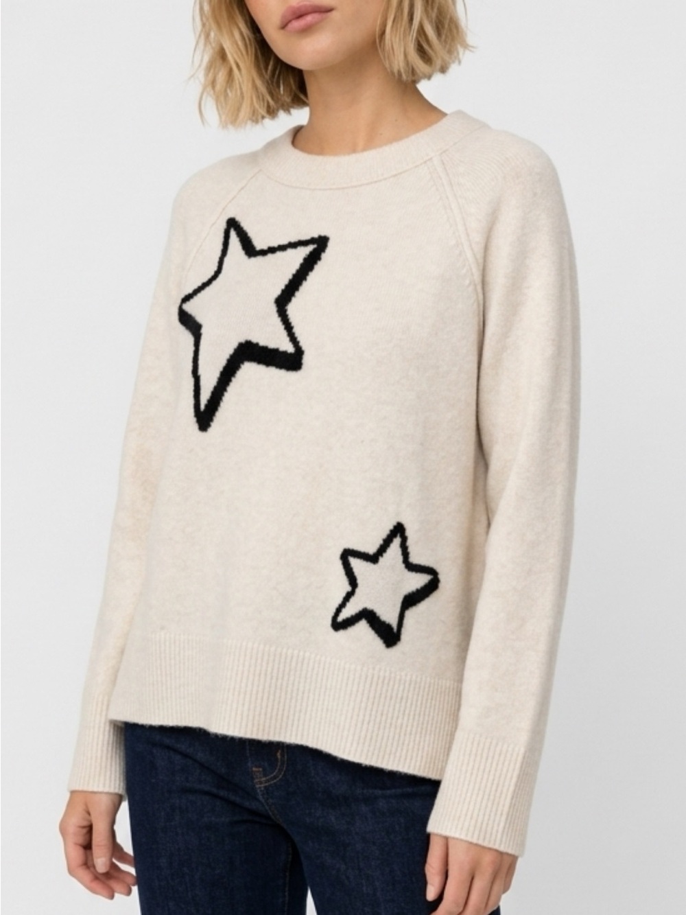 aerie Cream Crewneck Sweater with Black Star Accents